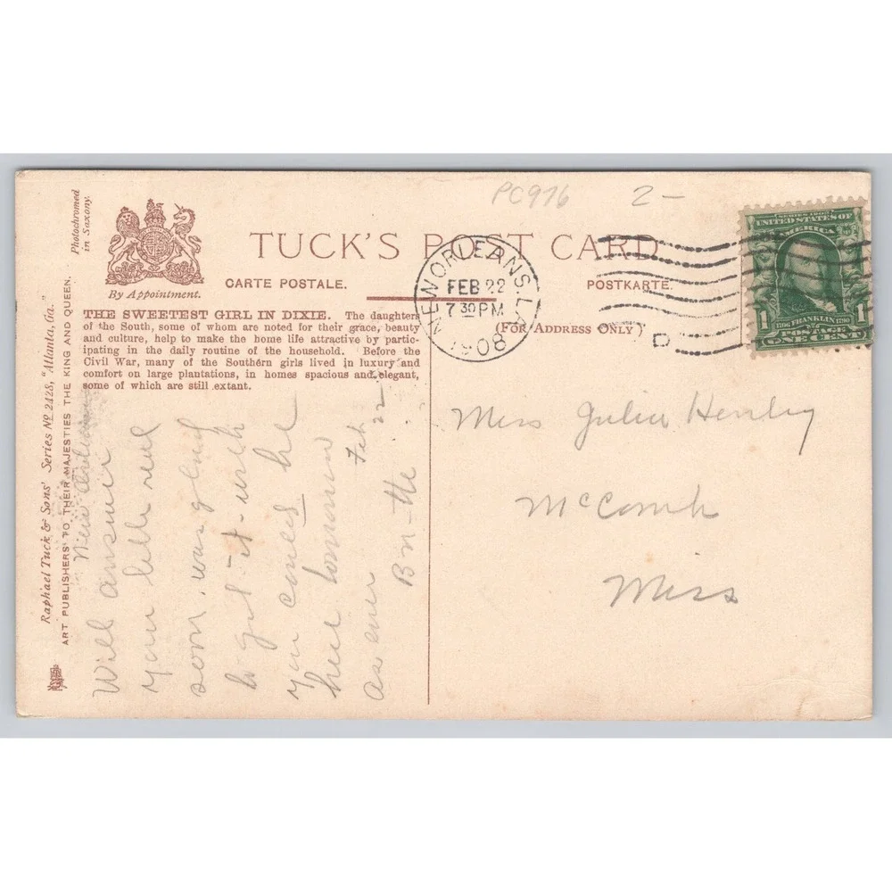 The Sweetest Girl in Dixie Atlanta Georgia Antique Tuck Postcard Series 2428‎